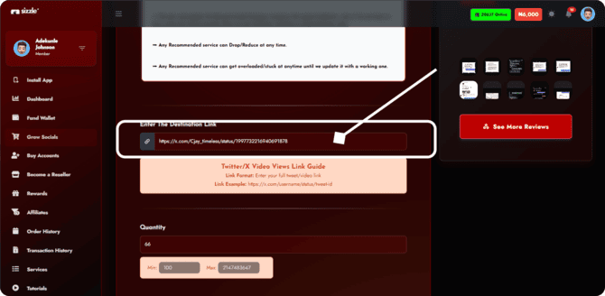 Screenshot of Sizzle Social order page