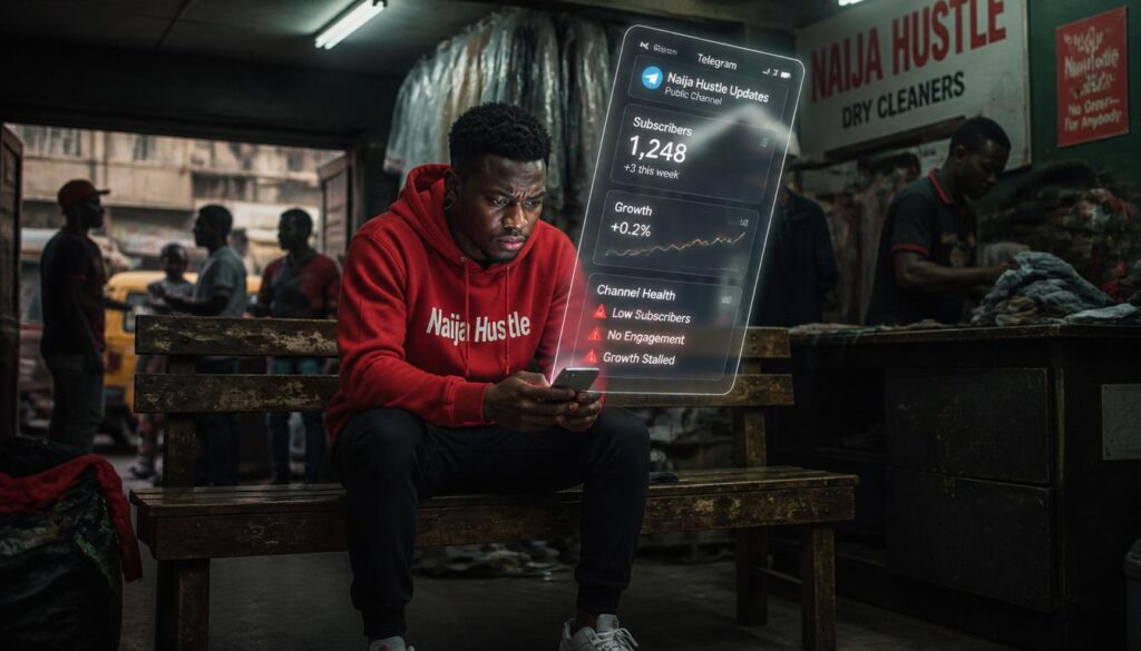 frustrated Nigerian youth checking Telegram.