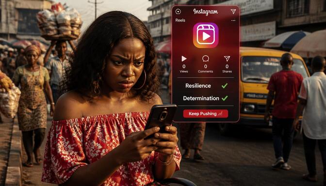 Nigerian creator staring at phone with no views