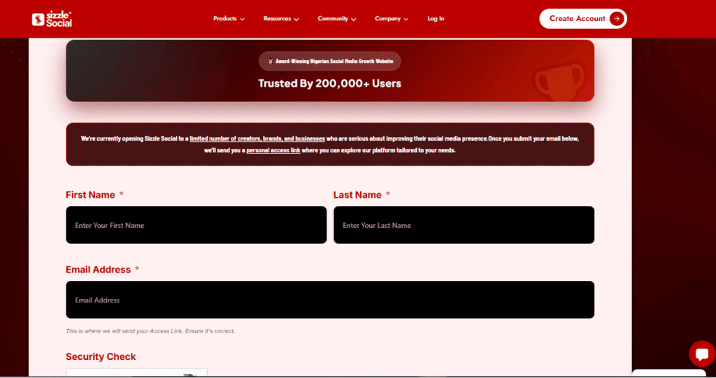 Screenshot of account creation page.