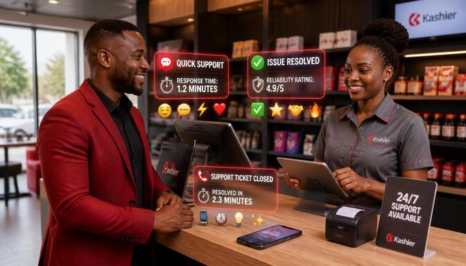 Nigerian business owner at cashier stand receiving support