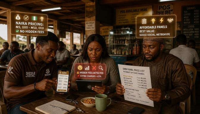 Nigerian resellers comparing affordable SMM panels at a market place