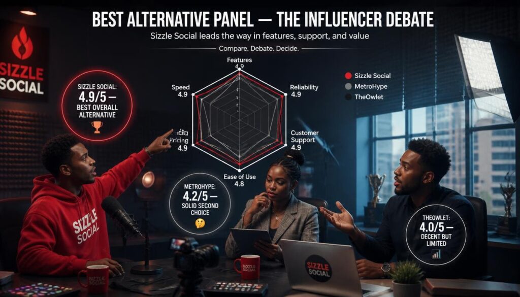 Nigerian influencers analyzing radar chart of alternatives.