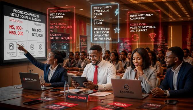 Nigerian resellers comparing SMM panels at conference room
