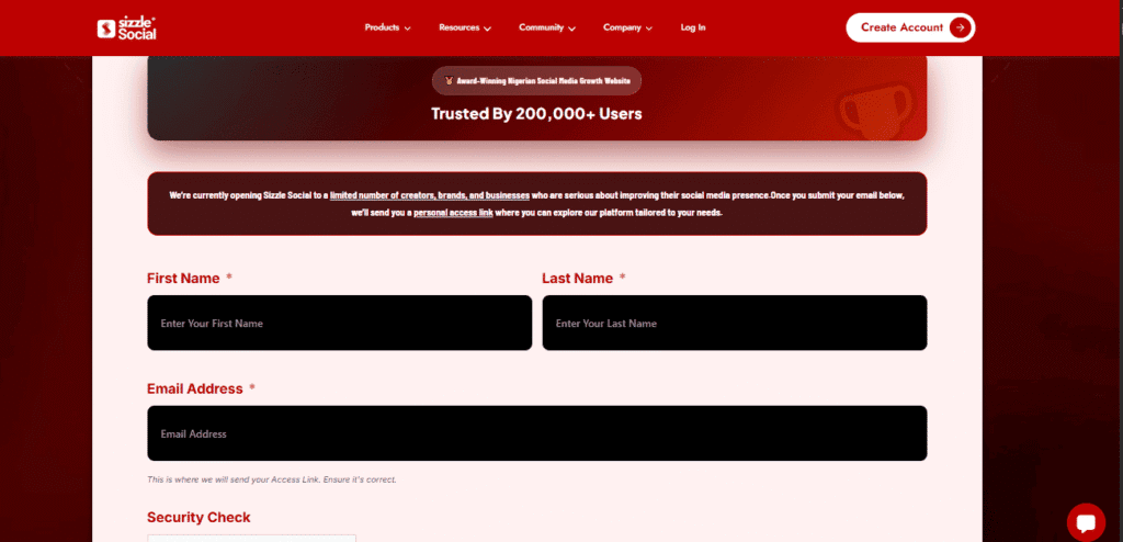 Screenshot of account creation page
