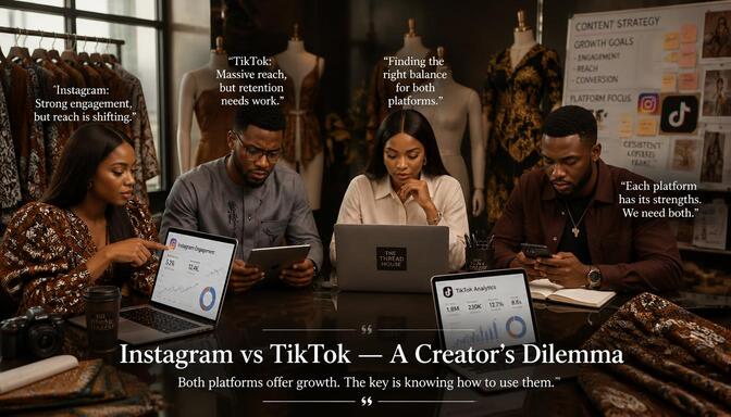 Nigerian influencers comparing Instagram and TikTok services on laptops