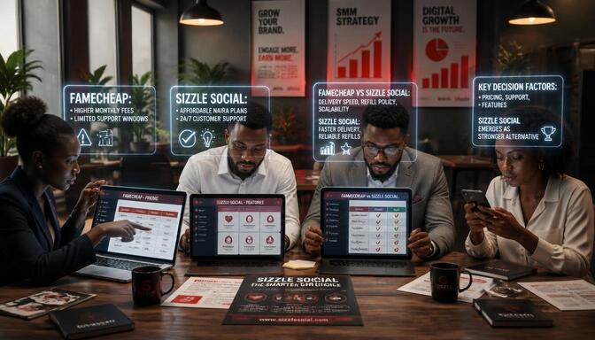African creators comparing Famecheap vs Sizzle Social in office desk