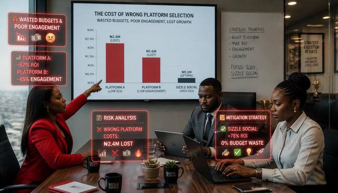 Nigerian agency team in conference room analyzing wasted budgets
