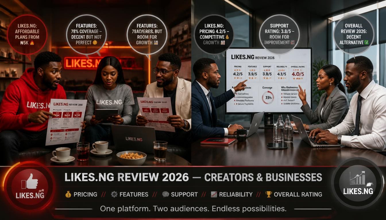 Likes.ng SMM panel review flyer graphic with Nigerian creators and businesses
