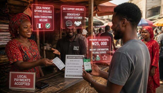 Nigerian cashier stand showing local payments