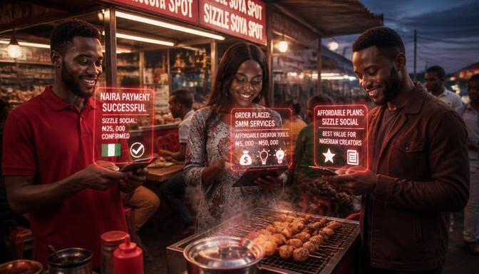 A photo-style image of Nigerian creators at a cashier stand using naira payments, revealing ease of ordering and highlighting affordable creator tools Nigeria.