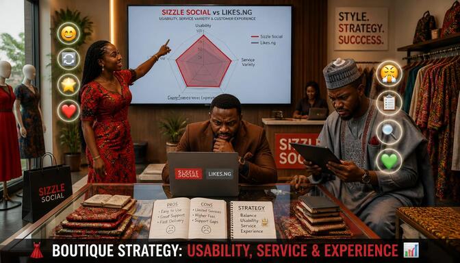 Nigerian boutique scene with radar chart comparing usability and service variety