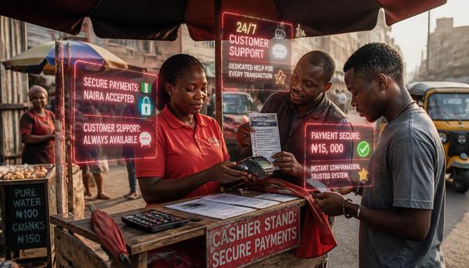 Nigerian cashier stand showing payment security and support.