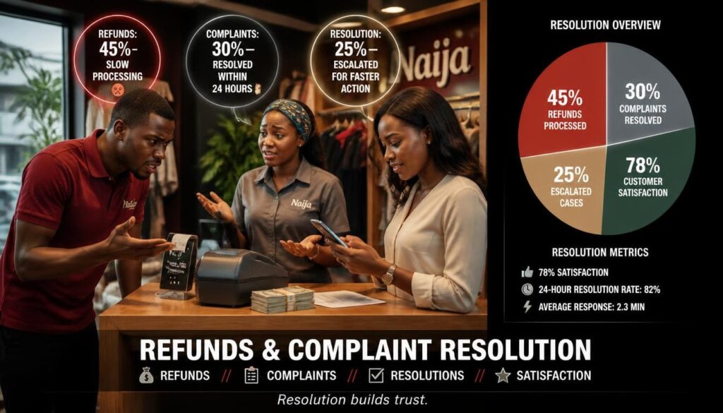 Nigerian boutique cashier stand reviewing pie chart of refunds