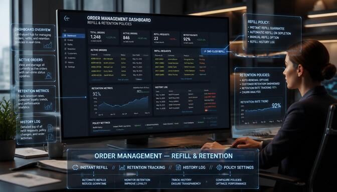 Screenshot showing order management and refill policies