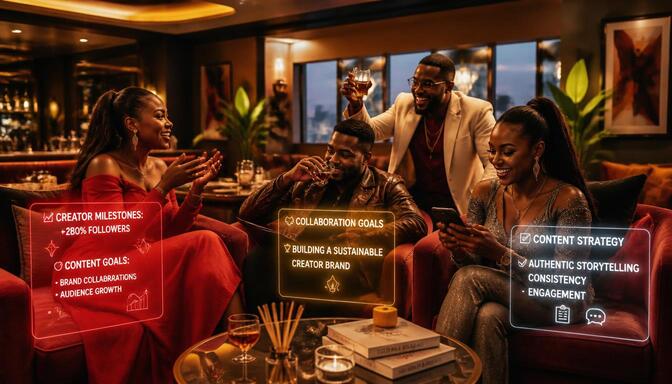 Nigerian influencers discussing creator goals at a boutique lounge