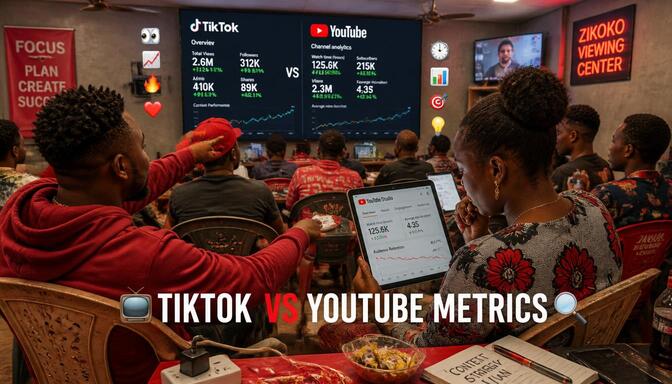 Nigerian influencers in viewing center analyzing dashboards