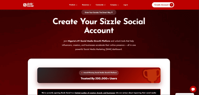 Screenshot showing Sizzle Social account creation process