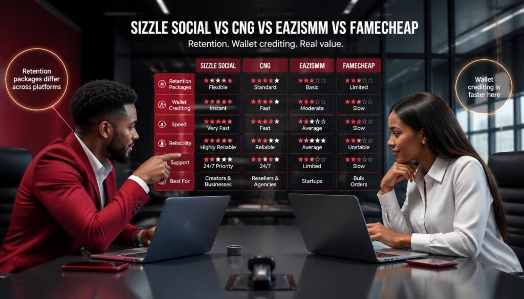 Nigerian influencers comparing SMM panels like Sizzle Social, CNG, EaziSMM, Famecheap
