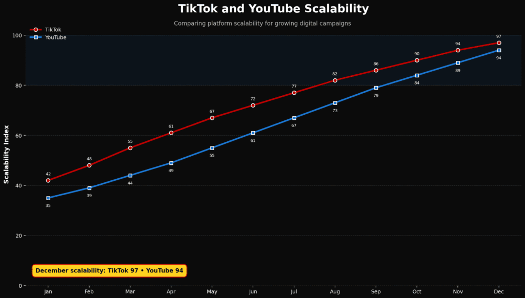 Nigerian reseller TikTok YouTube campaign line chart showing scalability