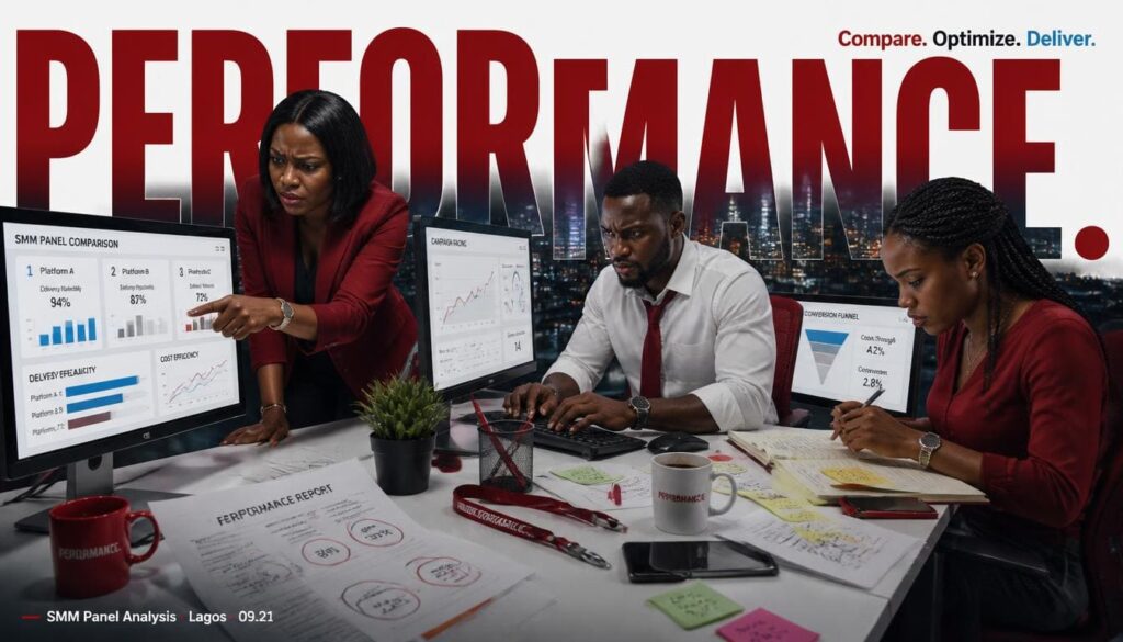 Nigerian marketers analyzing SMM panel dashboards in office desk