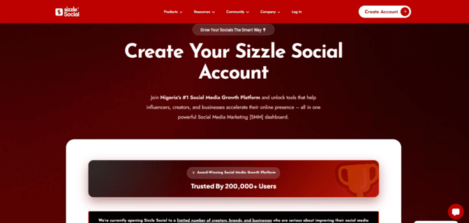 Screenshot of account creation page