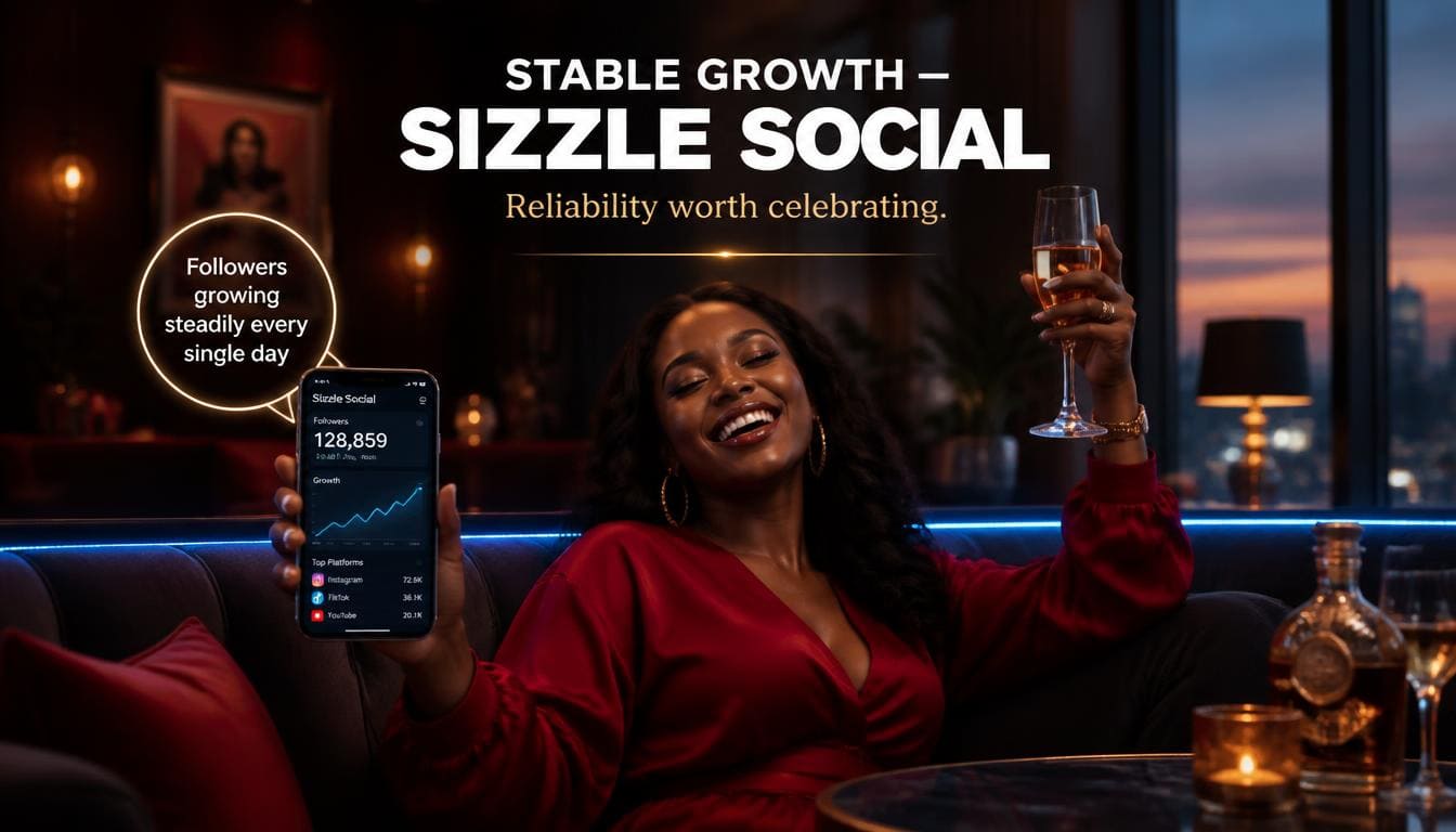 Influencer at lounge celebrating stable Sizzle Social growth