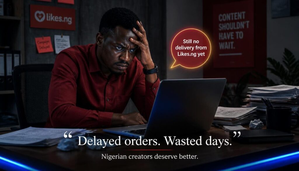 Creator frustrated at office desk with Likes.ng delays