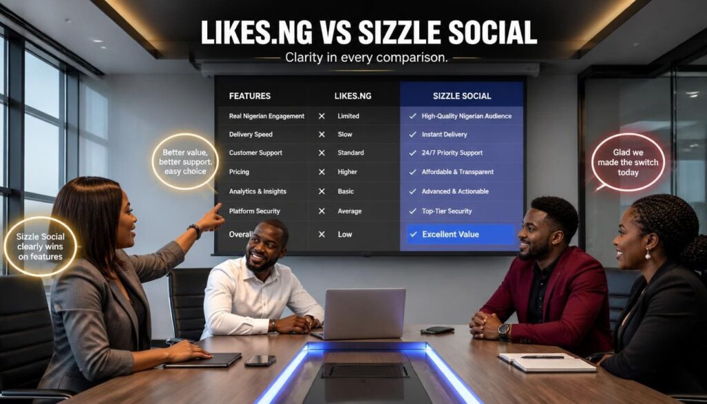 Team in conference room comparing Likes.ng vs Sizzle Social