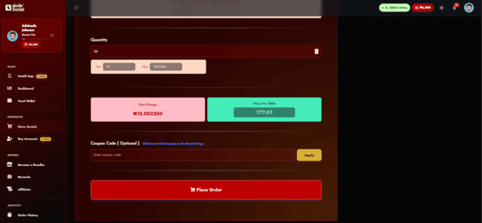 Screenshot showing test order speed