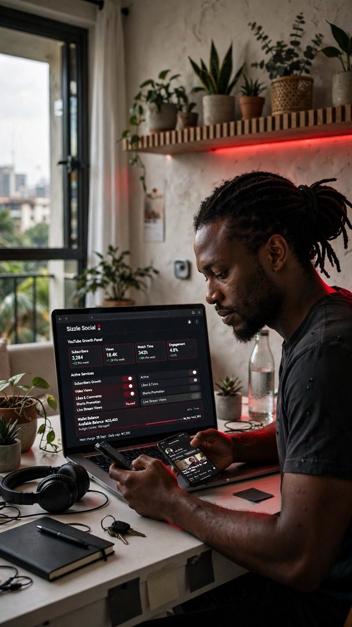 Nigerian creator using an affordable YouTube SMM panel to manage subscribers views likes comments watch time Shorts and Live promotion