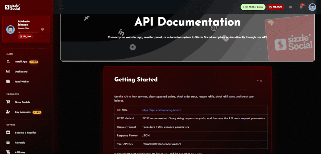 Nigerian reseller API documentation screenshot showing website connection