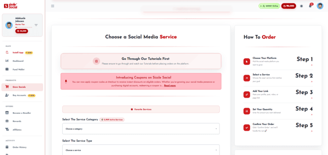 Screenshot of dashboard with service options