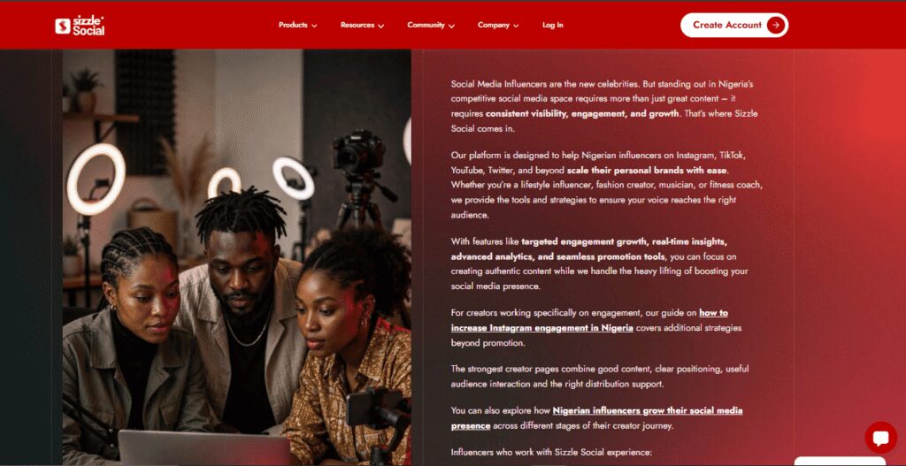 Screenshot of Sizzle Social registration page.