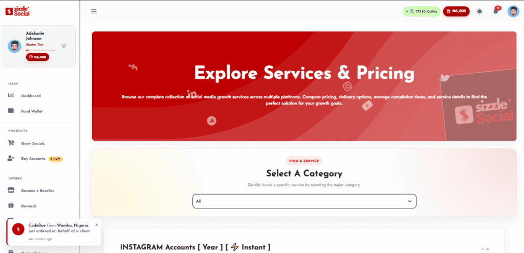 screenshot of Sizzle Social dashboard navigation