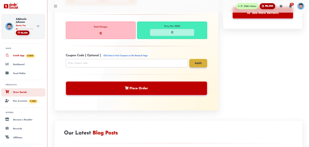 Screenshot of Sizzle Social micro test order execution.