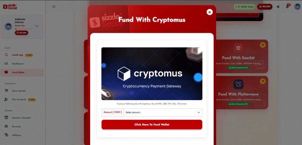 Screenshot of Sizzle Social wallet funding options.