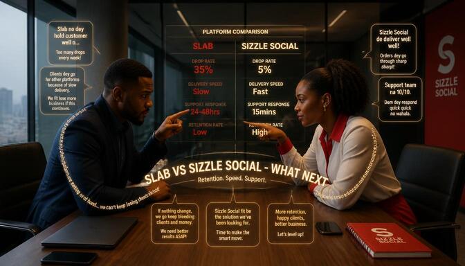 Nigerian creators analyzing Slab.ng vs Sizzle Social features with bar chart visuals