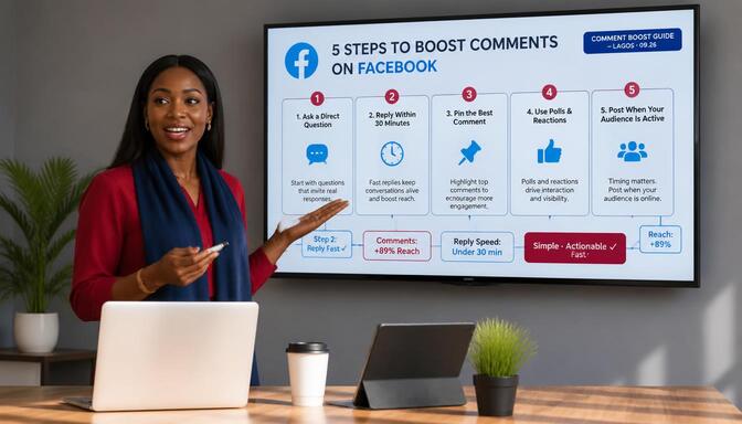 Step-by-step guide graphic showing how to boost Facebook comments and engagement
