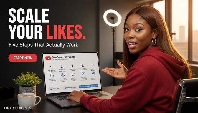 Step-by-step guide graphic showing how to scale video likes on YouTube