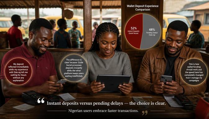 Pie chart showing instant deposits on Sizzle Social vs pending delays on Slab.ng
