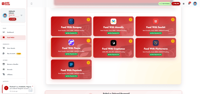 Screenshot showing wallet funding via transfer and card methods