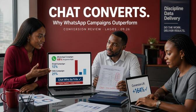 WhatsApp promo app conversion chart in office glass house