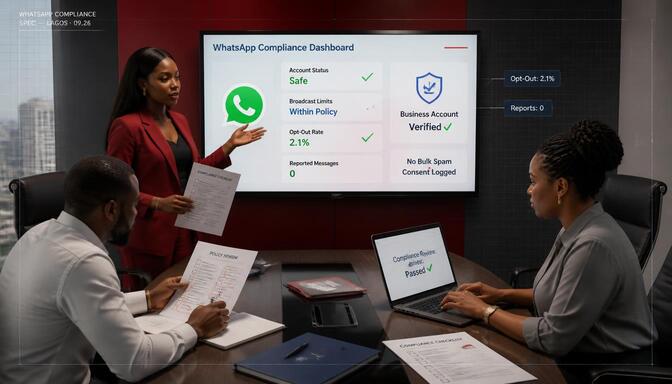 Secure WhatsApp marketing app with compliance tools in conference room