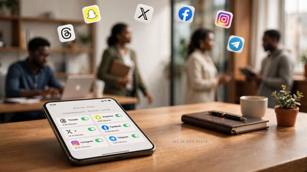 A sleek mobile app screen displaying multi-platform social media integration icons.