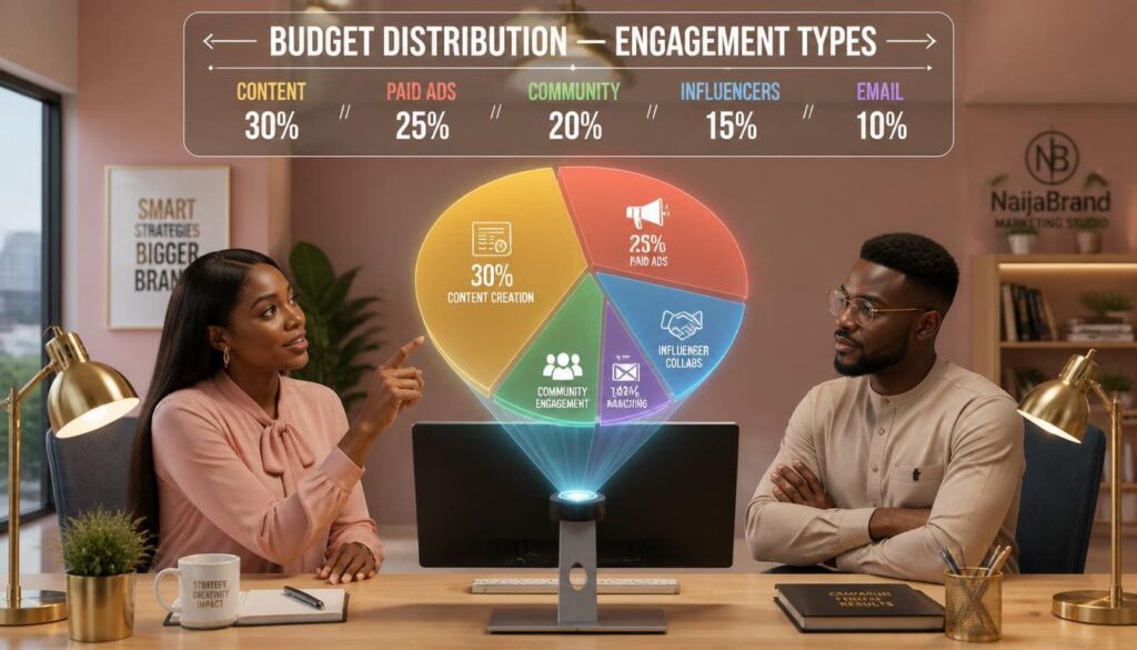Pie chart breaking down budget allocation for views, likes, and comment packages