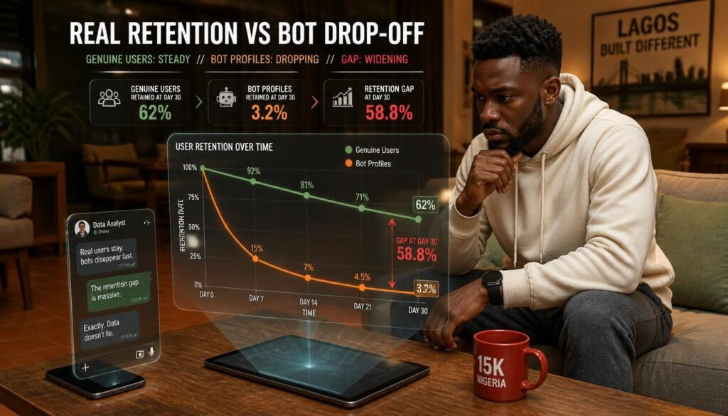 Detailed data chart comparing authentic organic engagement metrics against artificial bot traffic drops for businesses.