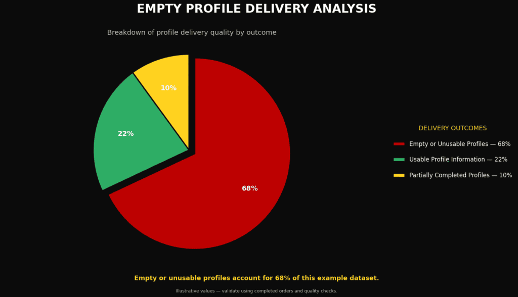 Pie chart illustrating the proportion of low-quality empty accounts delivered by unreliable sellers.