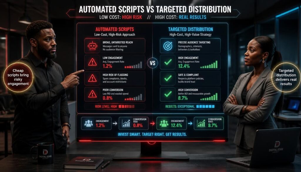 Infographic illustrating contrast between automated scripts and targeted audience acquisition