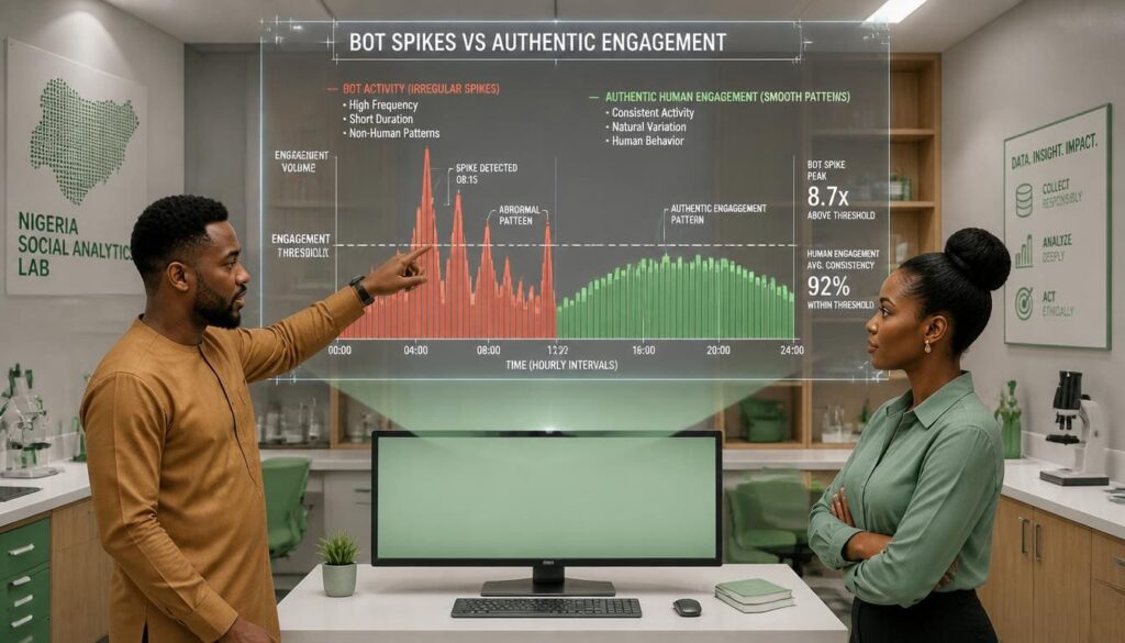 Histogram chart displaying anomaly detection and distribution patterns of fake automated accounts.